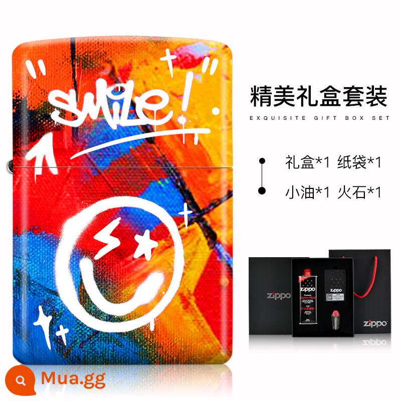 Bật lửa Zippo chính hãng chính hãng cầu vồng graffiti mặt cười dây kéo chính hãng Trang web chính thức Zippo gửi bạn trai - Bắn Mực Mặt Cười Trắng (Bộ Hộp Quà)