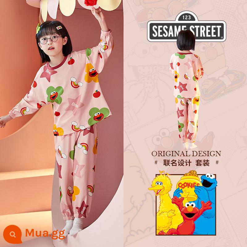 Sesame Street Bộ đồ ngủ trẻ em Bé gái Cotton nguyên chất Mùa xuân và Mùa thu Phần mỏng Bộ đồ dài tay Bộ quần áo mặc ở nhà cho bé gái và trẻ lớn dễ thương - SJ-ZMJ6860