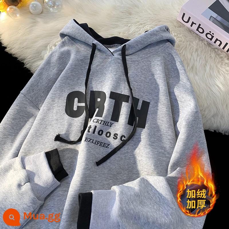 Giả Hai Mảnh Nặng Hoodie Nam Thu Đông Mỹ Triều Thương Hiệu Plus Nhung Dày Oversize Áo Khoác Cặp Đôi - sang trọng màu xám