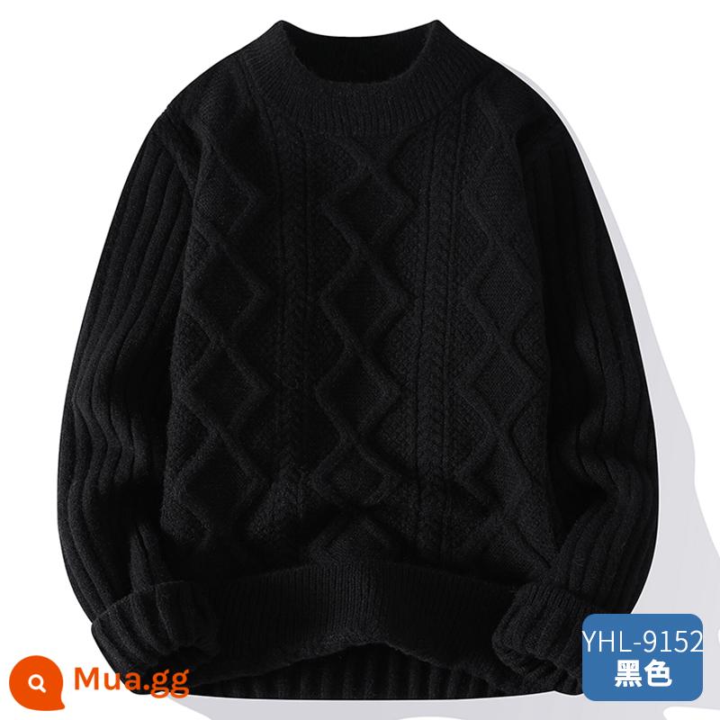 Áo len cổ tròn nam mùa thu đông rộng dày ấm cashmere bên trong áo khoác màu trơn phong cách lười biếng len dệt kim áo len - YHL-9152 màu đen