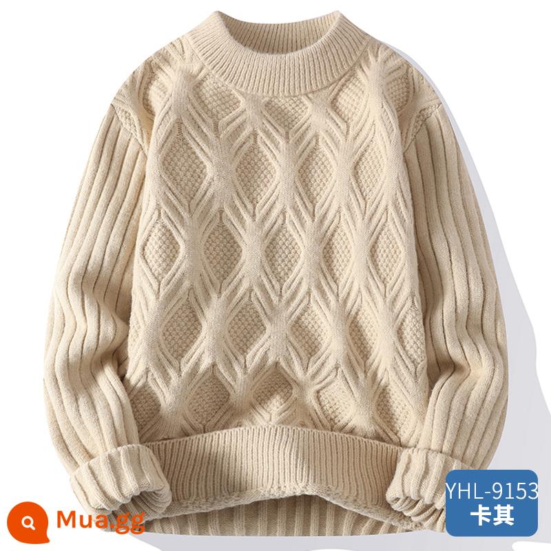 Áo len cổ tròn nam mùa thu đông rộng dày ấm cashmere bên trong áo khoác màu trơn phong cách lười biếng len dệt kim áo len - YHL-9153 Kaki