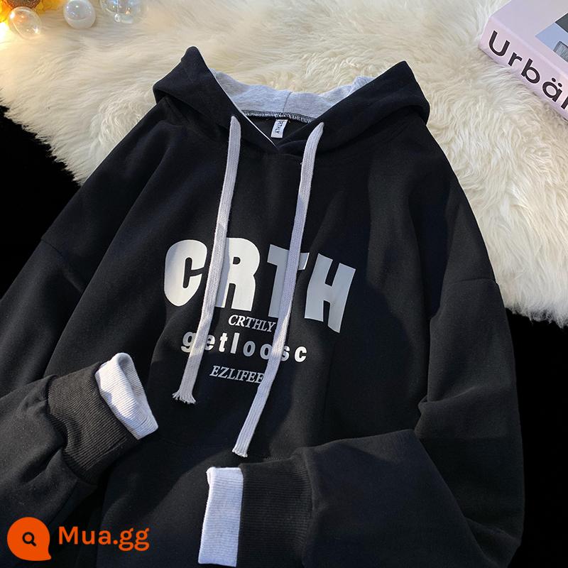 Giả Hai Mảnh Nặng Hoodie Nam Thu Đông Mỹ Triều Thương Hiệu Plus Nhung Dày Oversize Áo Khoác Cặp Đôi - đen