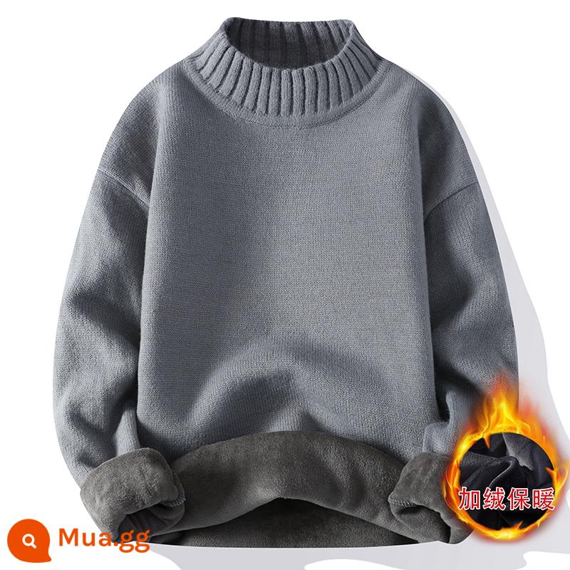 Áo len cashmere nam mùa thu đông cổ rộng nửa cao ấm áp đơn giản cộng với áo sơ mi đáy dệt kim dày nhung - 5201 màu xám