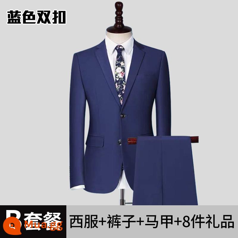 Bộ vest Luo Meng, bộ vest sinh viên đại học, bộ vest nam đi làm chuyên nghiệp đầy đủ, bộ vest nam phù rể phỏng vấn nam - Khóa đôi màu xanh - Gói B