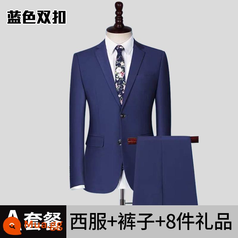 Bộ vest Luo Meng, bộ vest sinh viên đại học, bộ vest nam đi làm chuyên nghiệp đầy đủ, bộ vest nam phù rể phỏng vấn nam - Khóa đôi màu xanh-Gói A