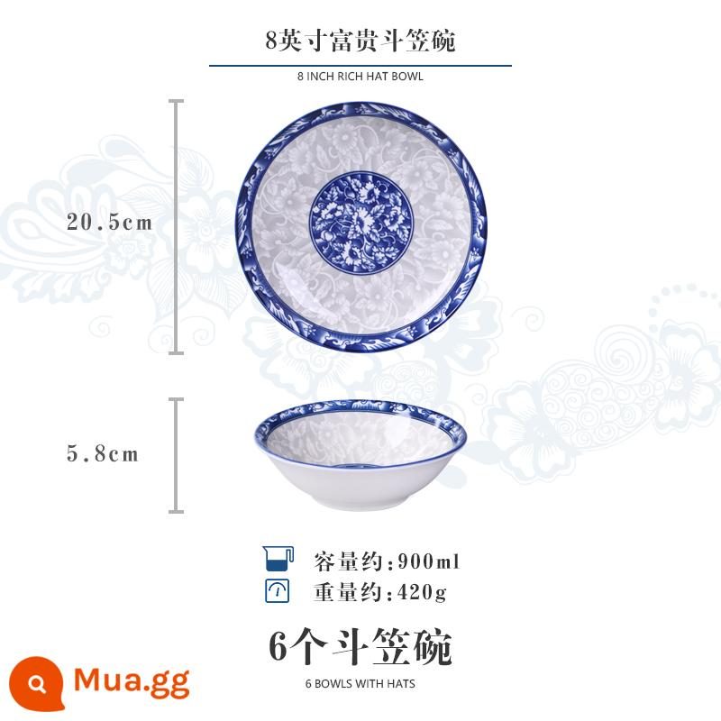 Jingdezhen bát sứ màu xanh và trắng 10 xô bát cháo lớn bát ramen Trung Quốc màu tráng men bát dùng được trong lò vi sóng - Bát xô 8 inch xanh trắng [6 cái]