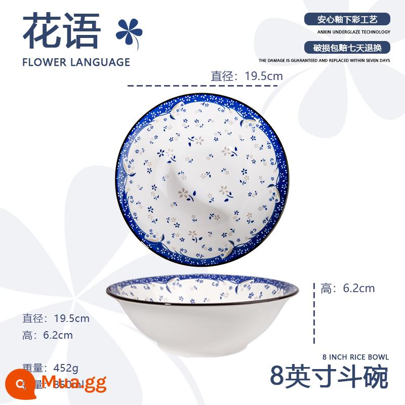 Jingdezhen bát sứ màu xanh và trắng 10 xô bát cháo lớn bát ramen Trung Quốc màu tráng men bát dùng được trong lò vi sóng - Hoa Ngôn 2 xô 8 inch