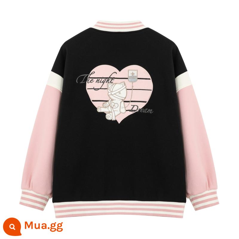 Nửa thìa đường chính hãng [Bộ đồ bóng chày Mỹ] chính hãng JK áo khoác xuân thu đông áo len vest váy - [Black Pink] Mẫu mỏng thêu lưng (đơn chiếc) Đính vải cao cấp sau lưng