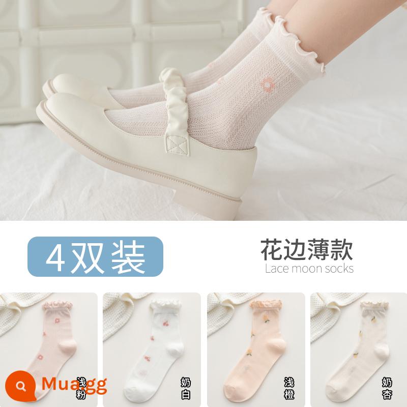 Vớ rời miệng giam mùa hè cotton mỏng vớ bà bầu 6 bà bầu xuân thu ống dài 5 mùa hè nữ mùa xuân mỏng sau sinh mùa hè - [4 đôi ren] 1 cam nhạt 1 hồng nhạt 1 mơ sữa 1 trắng sữa