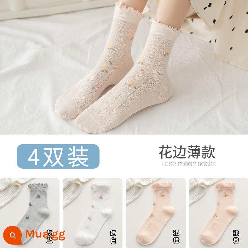 Vớ rời miệng giam mùa hè cotton mỏng vớ bà bầu 6 bà bầu xuân thu ống dài 5 mùa hè nữ mùa xuân mỏng sau sinh mùa hè - [4 đôi ren] 2 cam nhạt 1 xám xanh 1 trắng sữa