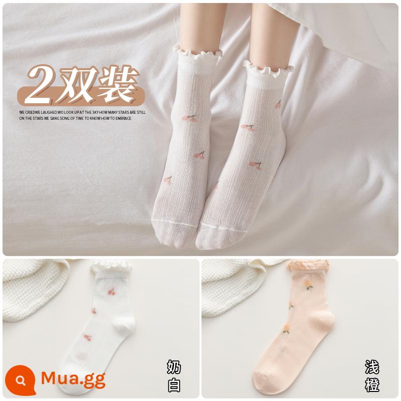 Vớ giam lỏng miệng mùa hè mỏng phần phụ nữ mang thai vớ cotton nguyên chất bên bà bầu mùa xuân và mùa thu không xương mùa hè miệng rộng sau sinh mùa hè - [2 cặp] 1 cam nhạt 1 trắng sữa