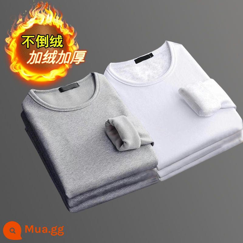 Giải phóng mặt bằng cộng với nhung dày đáy áo sơ mi mỏng vừa vặn ấm áp dài tay T-shirt quần áo mùa thu bên ngoài mặc quần áo ấm áp cho nam giới - Áo thun cổ tròn nhung màu xám nhạt + trắng