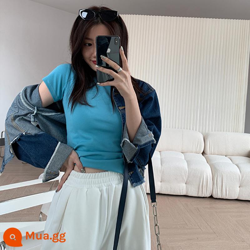 Áo thun cotton vai trước nữ ngắn tay mùa hè mới cổ tròn xếp tầng áo sơ mi slim fit giảm béo hàng đầu màu trắng - màu xanh da trời