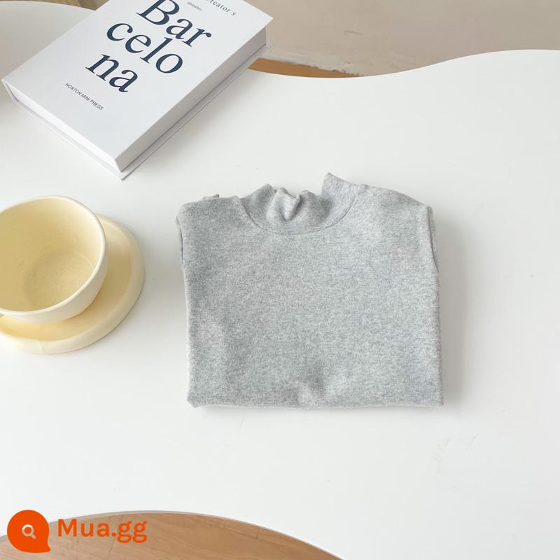 Áo sơ mi cổ tròn bằng vải cotton chải kỹ dành cho trẻ em cho bé trai và bé gái áo thun chui đầu nửa cổ lọ đa năng màu trơn dài tay mùa xuân thu - Màu xám nông