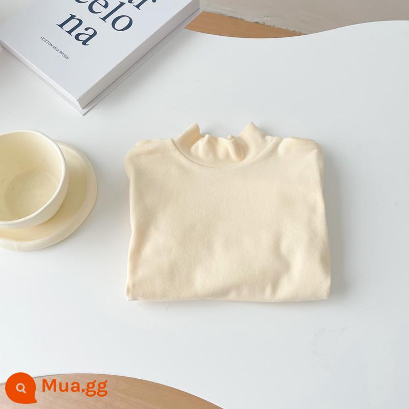 Áo sơ mi cổ tròn bằng vải cotton chải kỹ dành cho trẻ em cho bé trai và bé gái áo thun chui đầu nửa cổ lọ đa năng màu trơn dài tay mùa xuân thu - trắng sữa