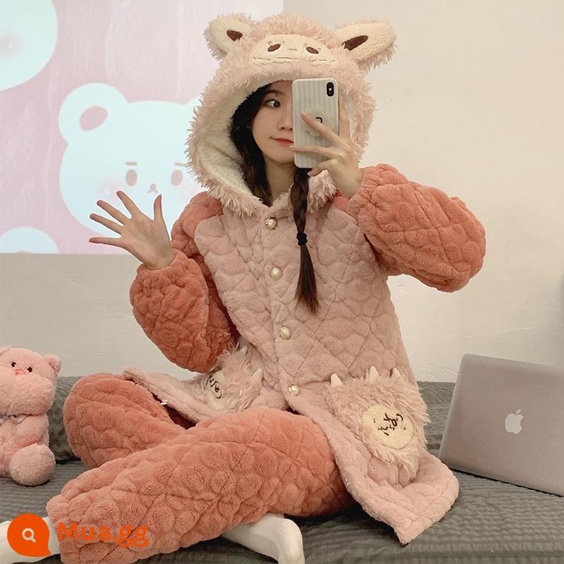 Strawberry Bear Coral Velvet Pyjamas Nữ Autumn and Winter 2022 Bóng bông ba mới cộng với dịch vụ HOODED HOODED HOODED HOODED - 6604