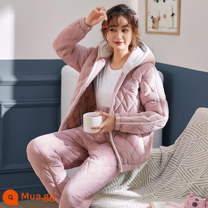 Strawberry Bear Coral Velvet Pyjamas Nữ Autumn and Winter 2022 Bóng bông ba mới cộng với dịch vụ HOODED HOODED HOODED HOODED - 771943[Hàng có sẵn]