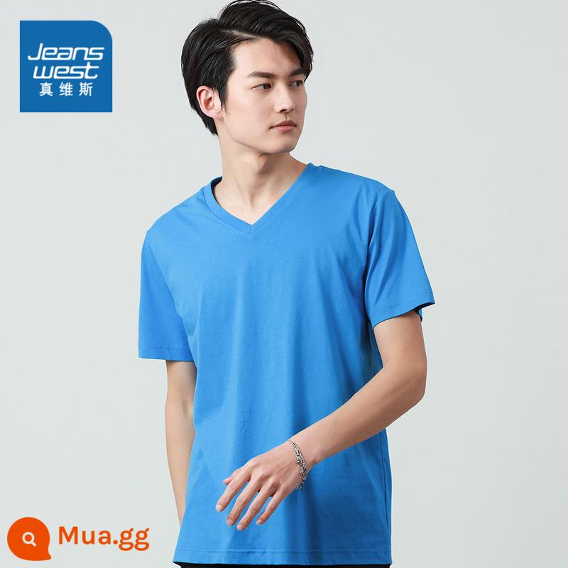 Áo sơ mi nam JW Jeanswest quần áo mùa xuân và mùa hè trẻ trung, áo thun ngắn tay cổ chữ V ins áo sơ mi có đáy đi lại - màu xanh vừa 2520