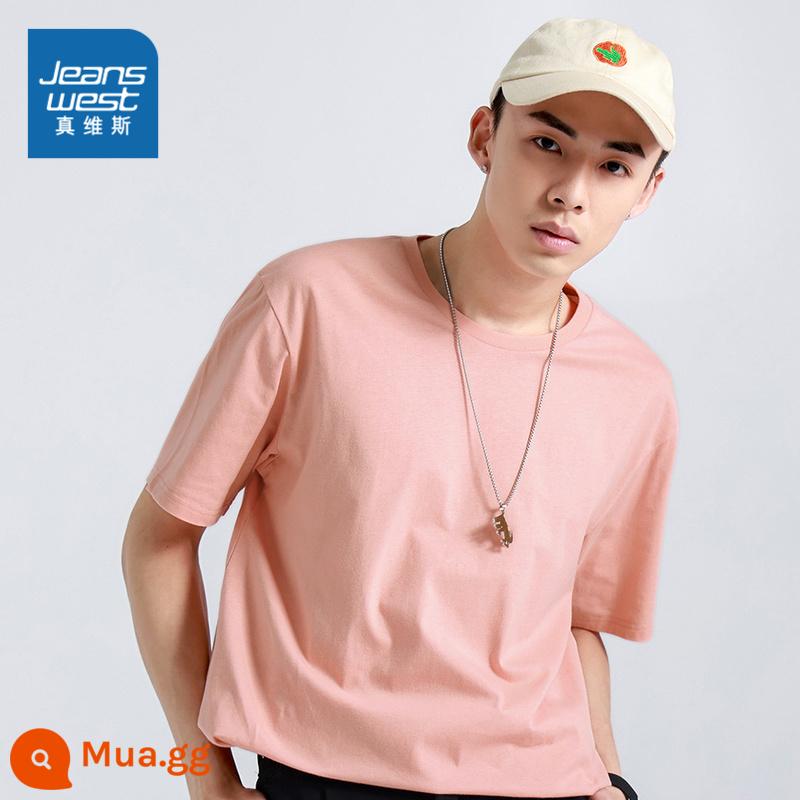 JW Jeanswest nam bông T-shirt mùa xuân và mùa hè đơn giản đồng màu trẻ trung cổ tròn ngắn tay T-shirt học sinh cao cấp - Hồng nhạt 2350