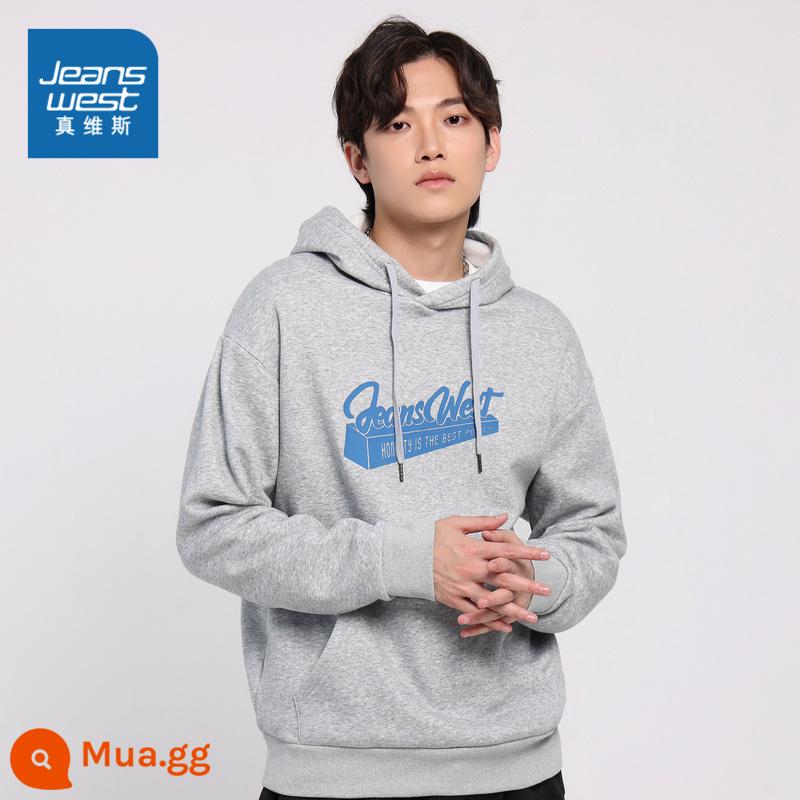 JE Jeanswest Ấm Áp Nam Dày Áo Thun Cổ Áo Hoodie Mùa Đông 2022 Mới Có Mũ In Áo Cotton Dày Dặn Nam - Xám nhạt 2080