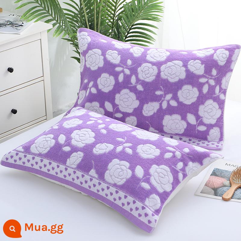 Cặp khăn gối 100% cotton terry, khăn gối kẻ sọc dày dặn dành cho người lớn bằng vải cotton nguyên chất, thấm hút mồ hôi, mềm mại và không rụng xơ vải vào mùa đông - Vườn Hồng Tím [cặp] 50*73cm