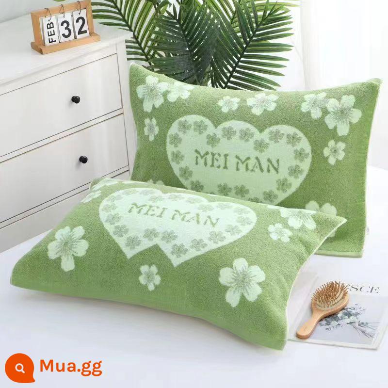 Cặp khăn gối 100% cotton terry, khăn gối kẻ sọc dày dặn dành cho người lớn bằng vải cotton nguyên chất, thấm hút mồ hôi, mềm mại và không rụng xơ vải vào mùa đông - Happy Green [cặp] 50*73cm