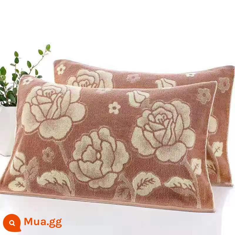 Cặp khăn gối 100% cotton terry, khăn gối kẻ sọc dày dặn dành cho người lớn bằng vải cotton nguyên chất, thấm hút mồ hôi, mềm mại và không rụng xơ vải vào mùa đông - Hoa mẫu đơn màu cà phê [cặp] 50*73cm