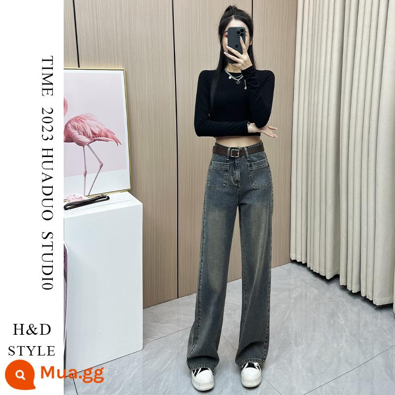 Quần jeans nhung ống rộng cho nữ xuân thu đông kiểu dáng mới 2024, lưng cao, dáng rộng, dáng ôm, quần ống suông dành cho người nhỏ nhắn - Quần xám xi măng [quần đơn]