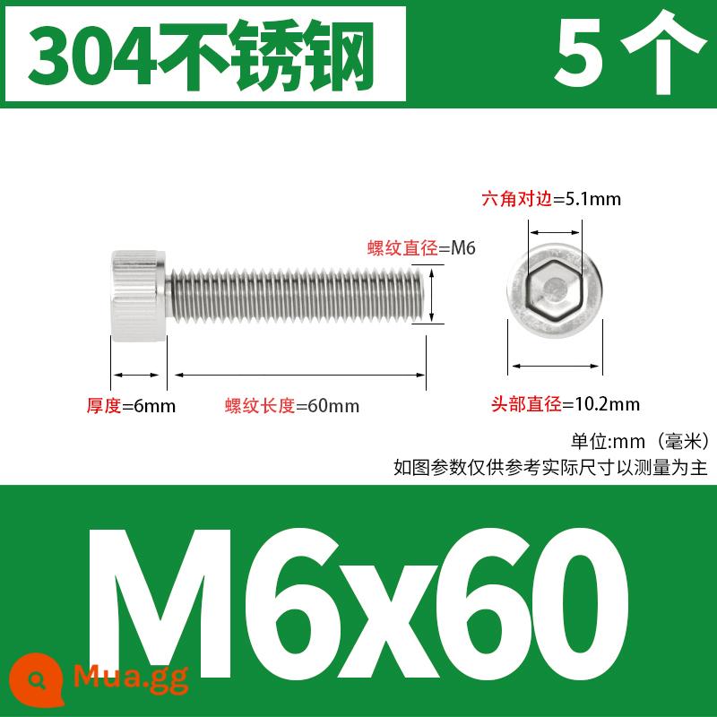 Thép không gỉ 304 cốc đầu lục giác vít đầu trụ vít nối dài 10mm bu lông M2M3M4M5M6M8 - M6*60[5 cái]