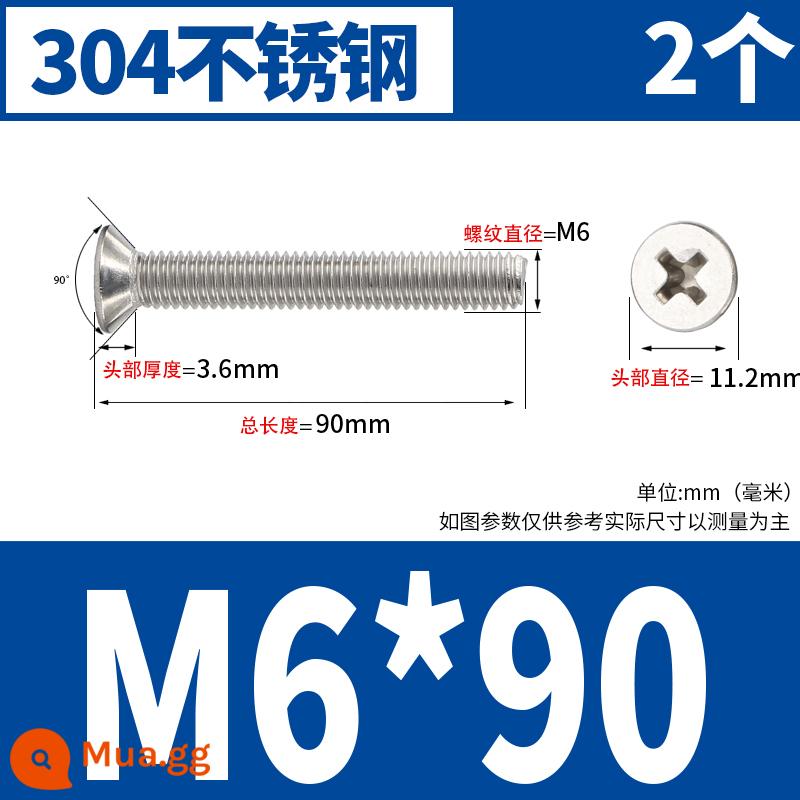 Vít đầu phẳng chữ thập bằng thép không gỉ 304 Vít đầu chìm Máy nhỏ bu lông dây M2M2.5M3M4M5M6M8M10 - M6*90 (2 cái)