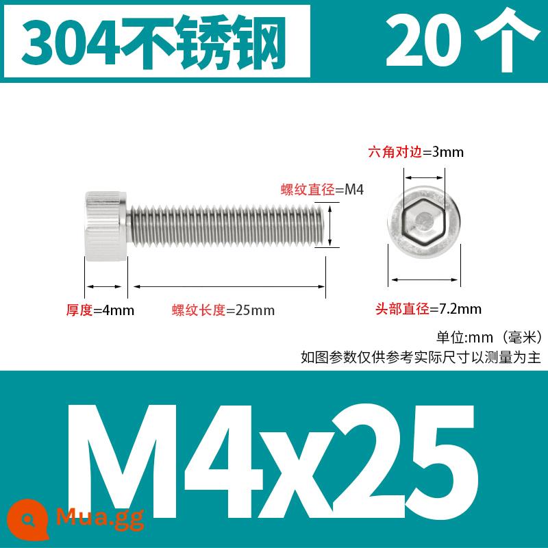 Thép không gỉ 304 cốc đầu lục giác vít đầu trụ vít nối dài 10mm bu lông M2M3M4M5M6M8 - M4*25[20 miếng