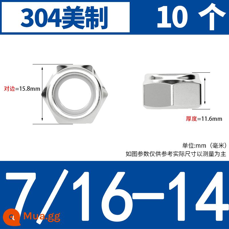 Đai ốc tự khóa chống lỏng khóa lục giác khóa chống trượt inox 304 M2M3M4M5M6M8M10M12M14 - 304 Mỹ 16/7-14[10 miếng]