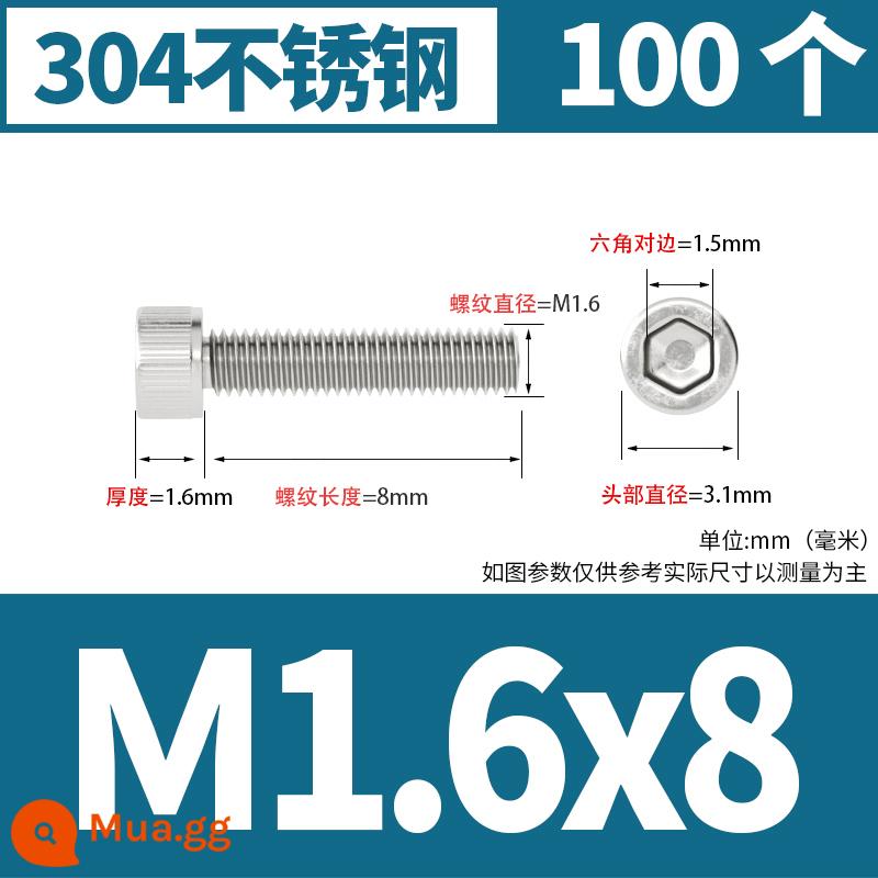 Thép không gỉ 304 cốc đầu lục giác vít đầu trụ vít nối dài 10mm bu lông M2M3M4M5M6M8 - M1.6*8[100 chiếc]