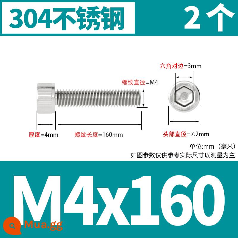 Thép không gỉ 304 cốc đầu lục giác vít đầu trụ vít nối dài 10mm bu lông M2M3M4M5M6M8 - M4*160[2 cái]