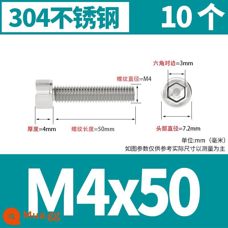 Thép không gỉ 304 cốc đầu lục giác vít đầu trụ vít nối dài 10mm bu lông M2M3M4M5M6M8 - M4*50[10 miếng