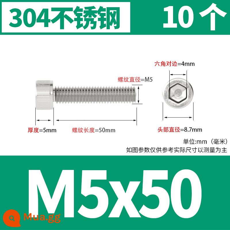 Thép không gỉ 304 cốc đầu lục giác vít đầu trụ vít nối dài 10mm bu lông M2M3M4M5M6M8 - M5*50[10 cái]