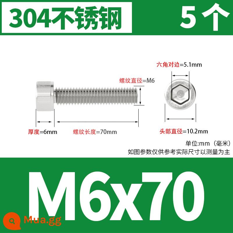 Thép không gỉ 304 cốc đầu lục giác vít đầu trụ vít nối dài 10mm bu lông M2M3M4M5M6M8 - M6*70[5 cái]