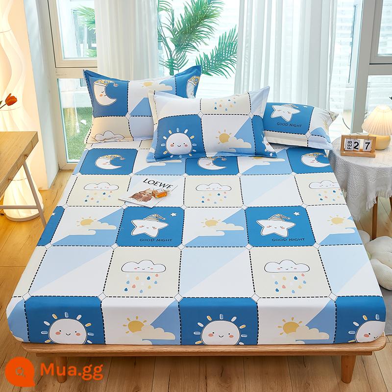 Túi trải giường bằng cotton dày dặn, ga trải giường bằng vải cotton một mảnh, nệm 1,8m, túi trải giường chống trượt 1,5 bộ ga trải giường trọn gói, bộ 3 món - Nắng xanh hoàng gia ấm áp