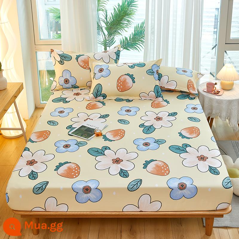 Túi trải giường bằng cotton dày dặn, ga trải giường bằng vải cotton một mảnh, nệm 1,8m, túi trải giường chống trượt 1,5 bộ ga trải giường trọn gói, bộ 3 món - Hoa dâu xanh đậm