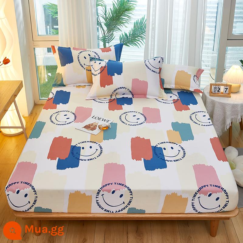 Túi trải giường bằng cotton dày dặn, ga trải giường bằng vải cotton một mảnh, nệm 1,8m, túi trải giường chống trượt 1,5 bộ ga trải giường trọn gói, bộ 3 món - Khuôn mặt tươi cười đầy màu sắc màu vàng tươi