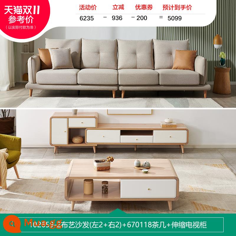 Quanyou trang trí nội thất Bắc Âu vải đơn giản sofa căn hộ nhỏ phòng khách cao cấp sofa hàng thẳng mới 102659 - Sofa vải trắng yến mạch (trái 2 + phải 2) + 670118 bàn cà phê A + tủ tivi thu gọn A