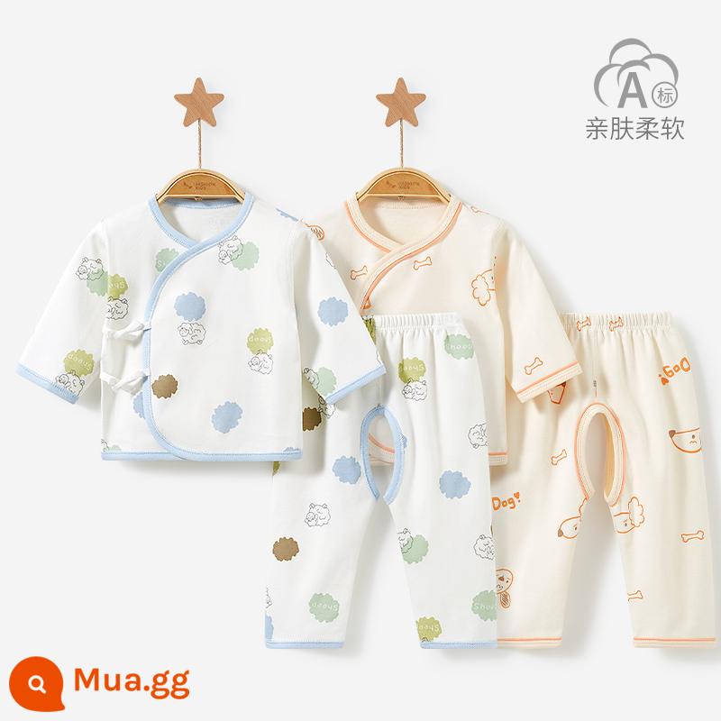 Quần áo trẻ sơ sinh mùa xuân, mùa thu và mùa đông đồ lót có đáy hai mảnh sơ sinh cotton nguyên chất 0 quần áo mùa thu March baby tu sĩ phù hợp với - 3XT003 xanh/be 2 bộ