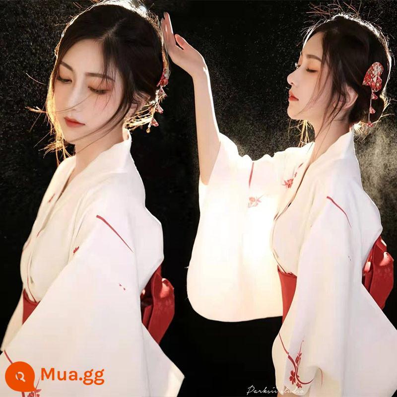 Trang phục chính thức của phụ nữ kimono truyền thống cổ điển và gió trắng gió nhẹ được cải tiến theo phong cách Nhật Bản ngoại cảnh nữ thần ảnh quần áo - Áo kimono số 3 kèm quạt hoa dây đỏ