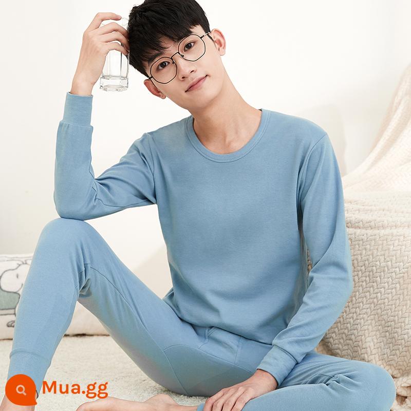 Bộ đồ lót cotton nguyên chất dành cho nam thanh niên Quần áo mùa thu cotton quần vệ sinh học sinh trung học cơ sở và trung học phổ thông ấm áp áo len bông lớn cho trẻ em mùa đông - Màu xanh nhạt