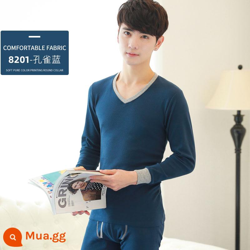 Cotton nguyên chất nam quần áo mùa thu vệ sinh quần phù hợp với thanh niên quần lót áo len cotton mỏng phần bông làm nóng quần áo sóng lạnh đang đến - Cổ chữ V màu xanh