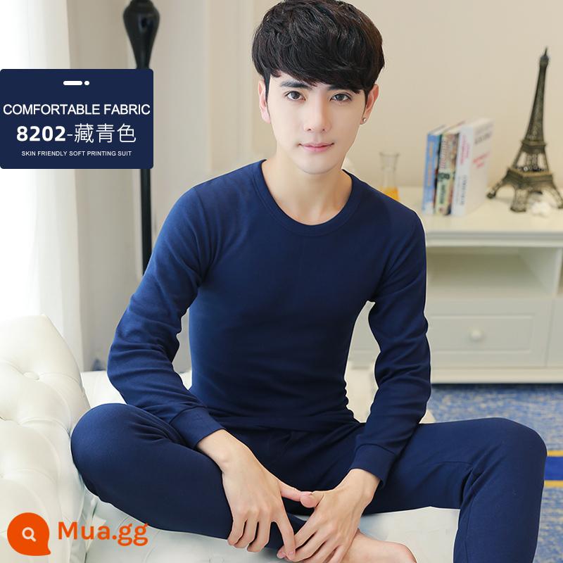 Cotton nguyên chất nam quần áo mùa thu vệ sinh quần phù hợp với thanh niên quần lót áo len cotton mỏng phần bông làm nóng quần áo sóng lạnh đang đến - Cổ tròn màu xanh navy