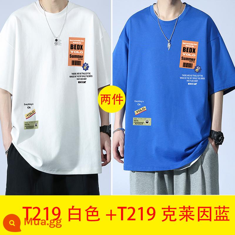 Thanh niên mùa hè cotton ngắn tay áo thun nam big boy mùa hè 2023 học sinh trung học cơ sở và trung học mới đẹp trai quần áo nam - T219 trắng + T219 xanh Klein