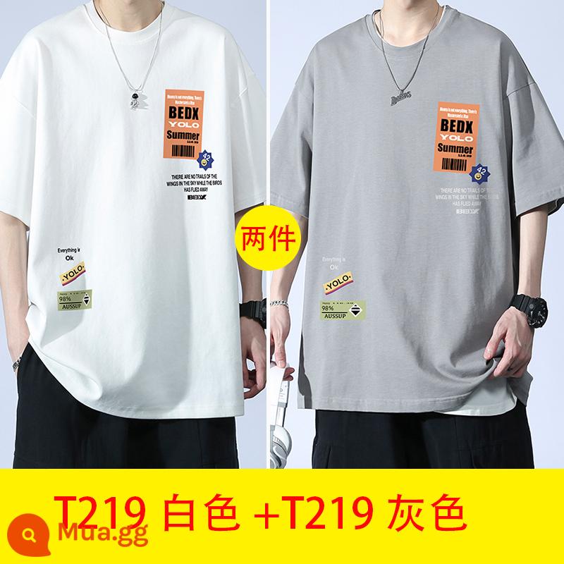 Thanh niên mùa hè cotton ngắn tay áo thun nam big boy mùa hè 2023 học sinh trung học cơ sở và trung học mới đẹp trai quần áo nam - T219 trắng + T219 xám