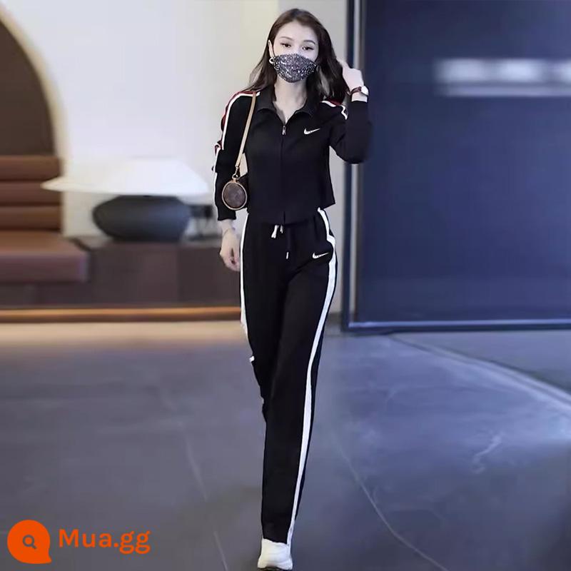 Bộ đồ thể thao thông thường Niketon dành cho nữ xuân thu 2023 bộ đồ chạy bộ hai mảnh thời trang mới theo phong cách phương Tây hợp thời trang - Suit đen trắng 1760