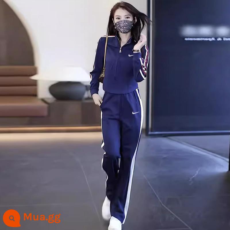 Bộ đồ thể thao thông thường Niketon dành cho nữ xuân thu 2023 bộ đồ chạy bộ hai mảnh thời trang mới theo phong cách phương Tây hợp thời trang - Suit xanh trắng 1760